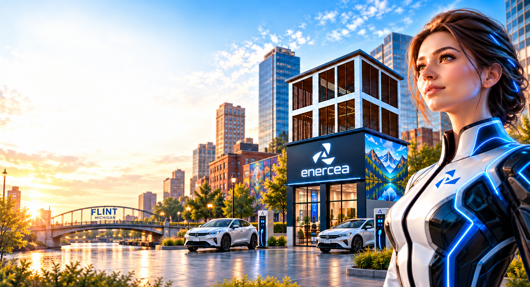 Concept illustration of AIVA, an Enercea PowerStack and electric vehicles in a riverside city setting